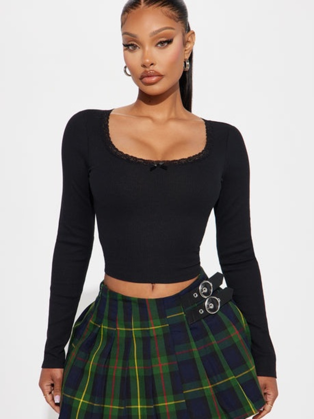 Black Lace-Trim Square Neck Cropped Top